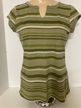 Vintage Green Striped Cap-Sleeve Dkny Top. SSB3